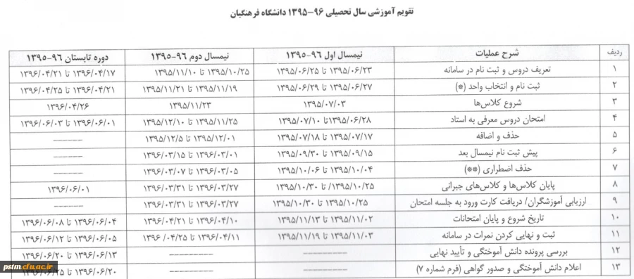 تقویم آموزشی نیمسال دوم و تابستان دانشگاه فرهنگیان 2