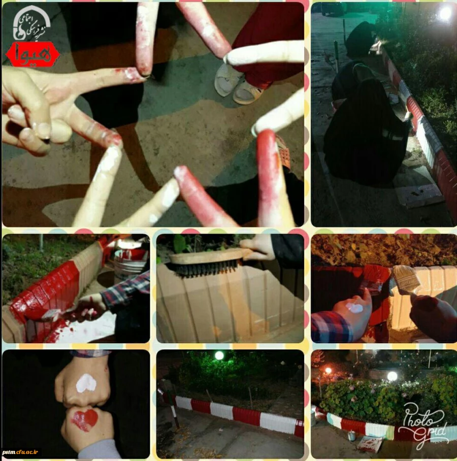 کار جهادی و داوطلبانه ی تعدادی از دانشجومعلمان ورودی ۹۶ پردیس صدیقه طاهره( س)  در رنگ آمیزی جدول های محوطه دانشگاه 2