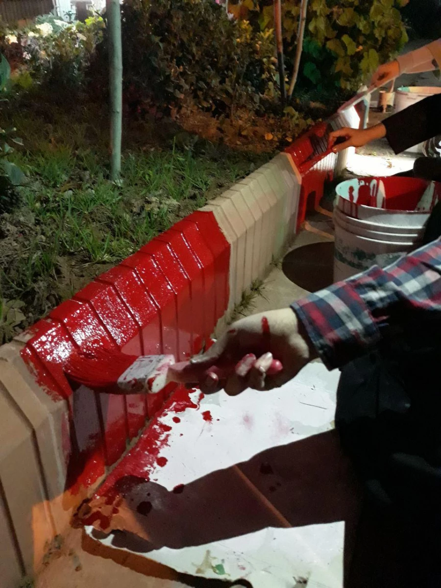 کار جهادی و داوطلبانه ی تعدادی از دانشجومعلمان ورودی ۹۶ پردیس صدیقه طاهره( س)  در رنگ آمیزی جدول های محوطه دانشگاه 2