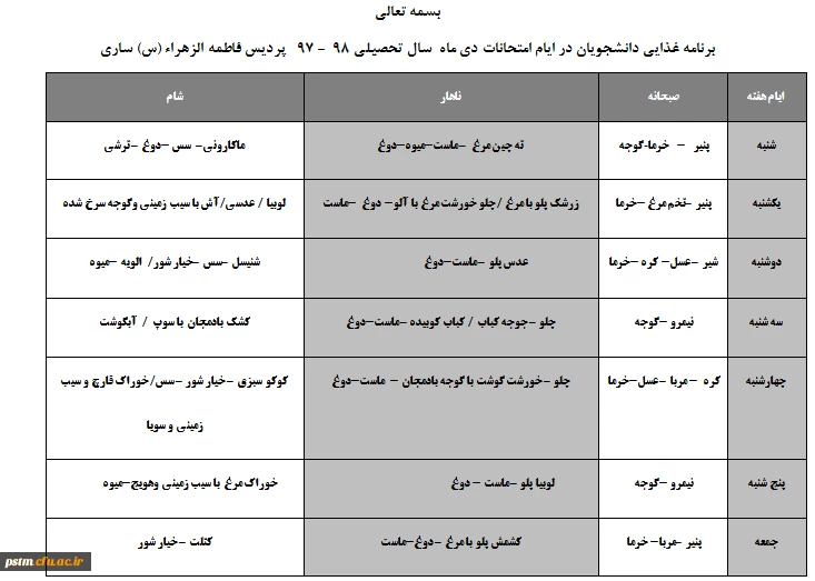 برنامه غذایی دانشجویان در ایام امتحانات نیمسال اول سال تحصیلی 98-97 2