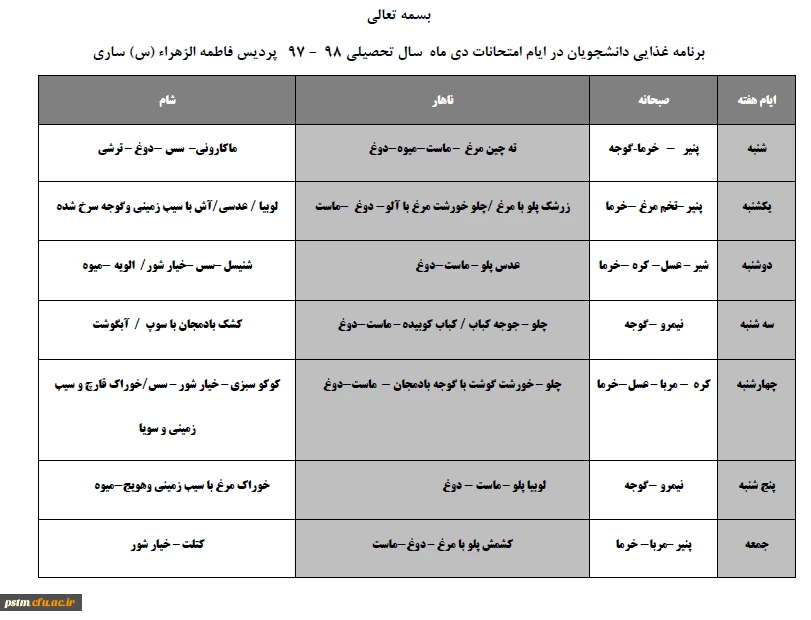 برنامه غذایی دانشجویان در ایام امتحانات نیمسال اول سال تحصیلی 98-97 4