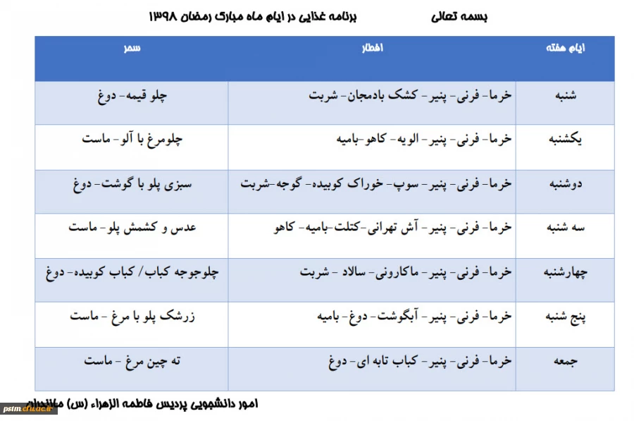 برنامه غذایی ماه مبارک رمضان پردیس سال 1398